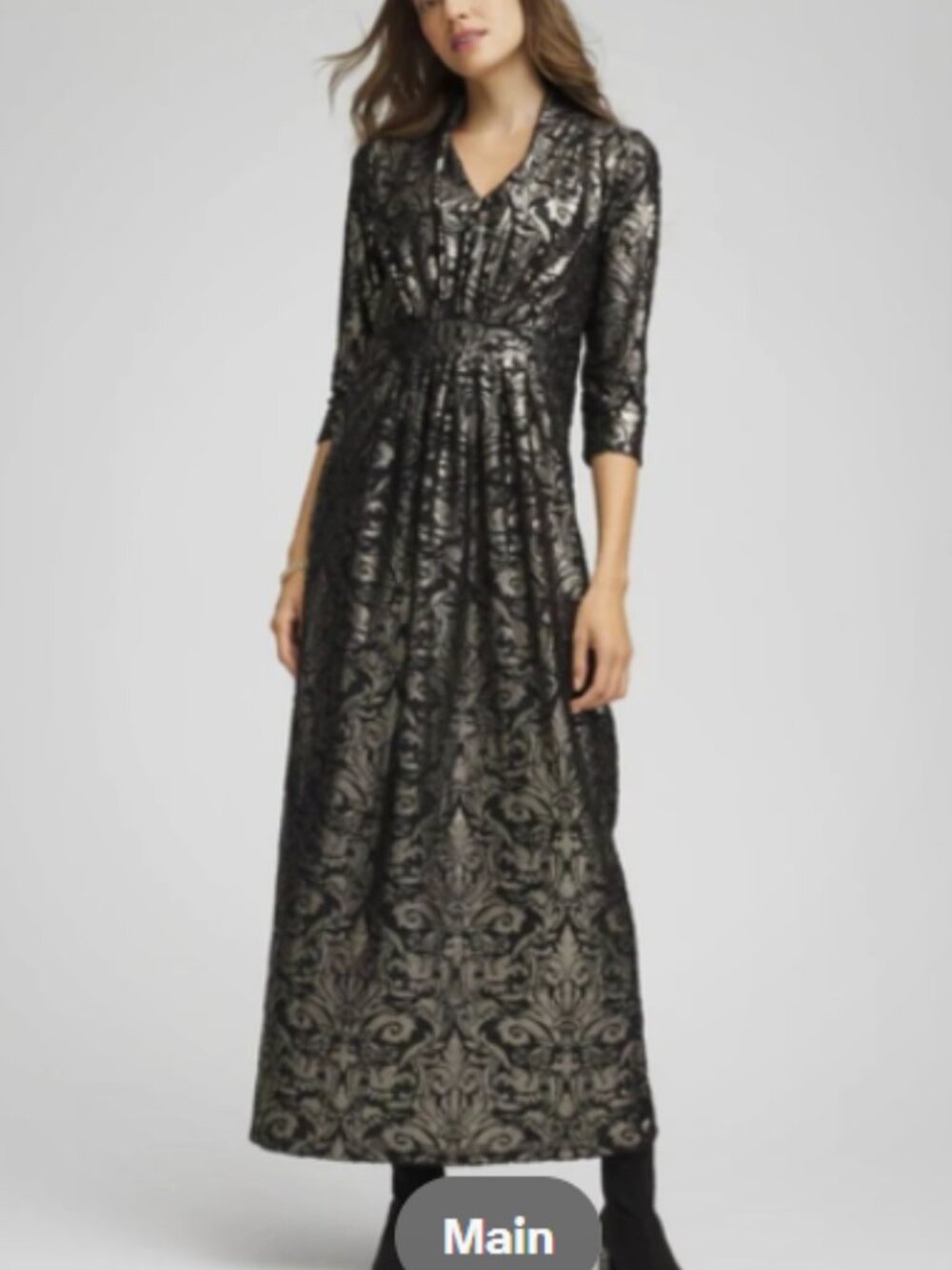 Chico's Size 2 Foil Knit Pleated Maxi Dress Size Large Black & Silver Floral NEW